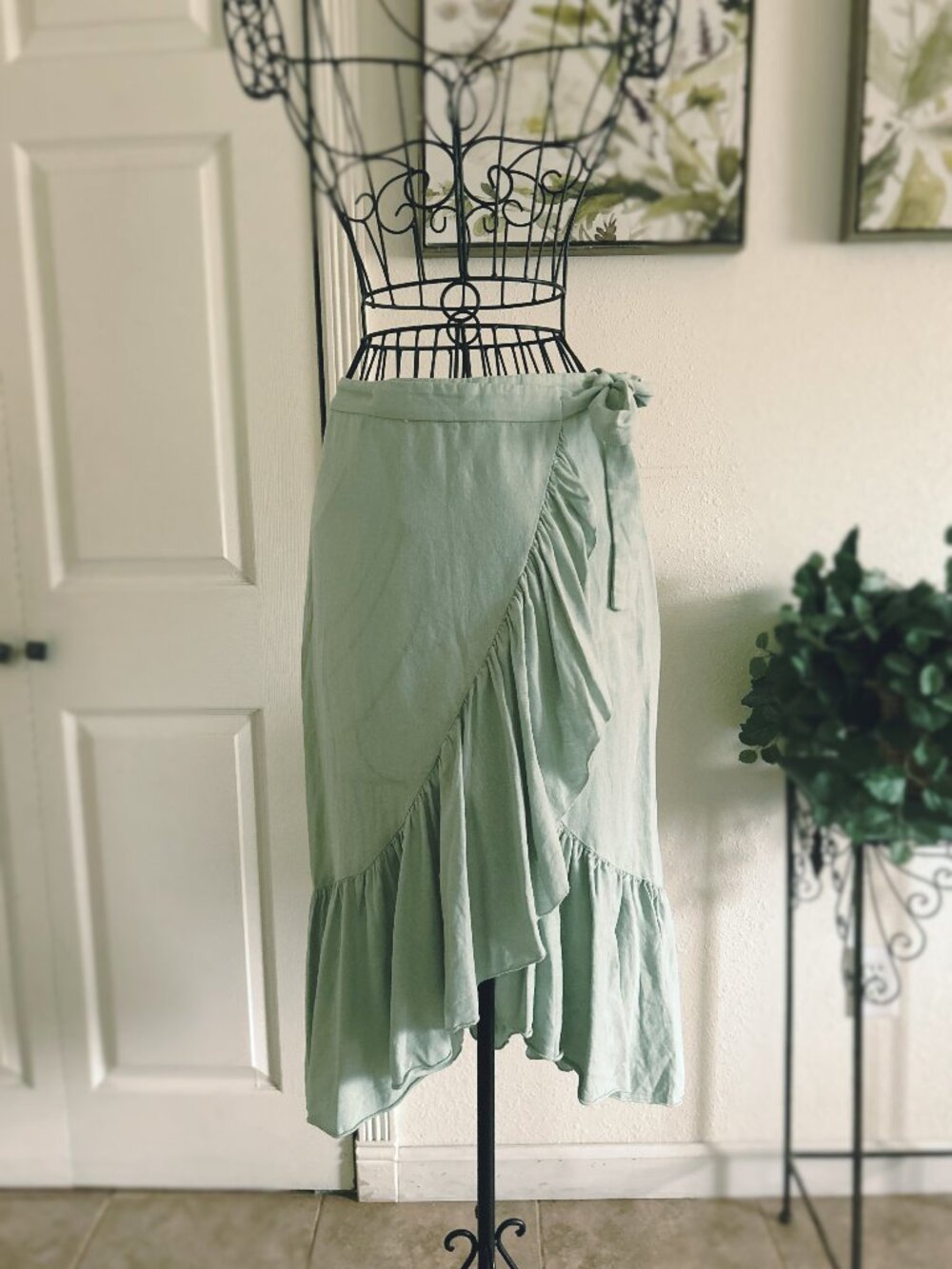 Zara Sage Green Asymmetrical Wrap Ruffle Skirt